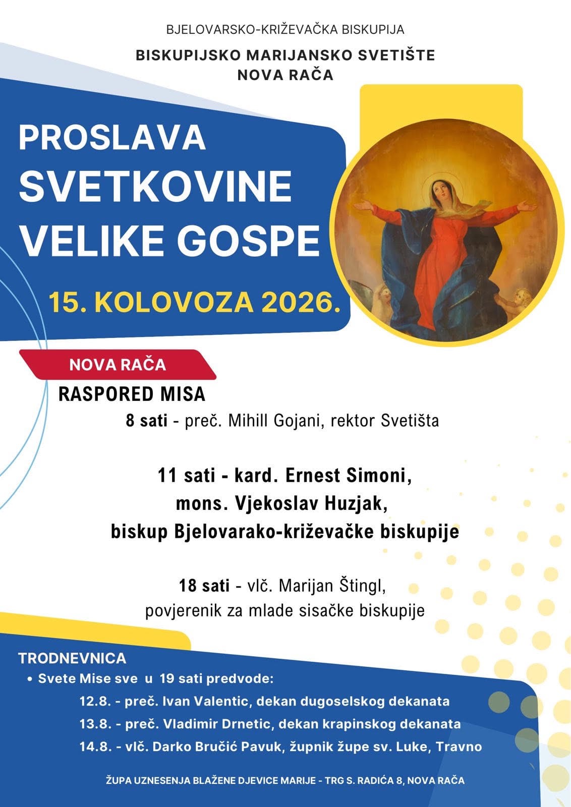Proslava svetkovine Velike Gospe u Biskupijskom marijanskom svetištu u Novoj Rači
